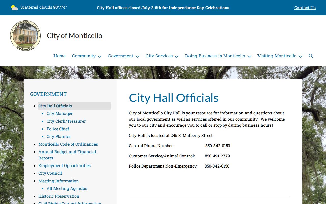 Monticello criminal history City Hall contact and building information